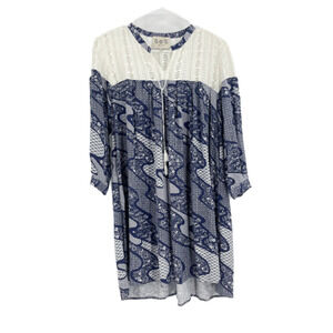 Sea New York Dress Blue Printed Crochet Short Sleeves Tunic Split Neck Size 0